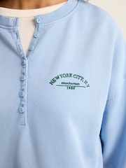 أزرق فاتح - Washed Henley Button Collar Long Sleeve Graphic 100% Cotton Sweatshirt - صورة 5 من 9