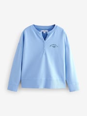 أزرق فاتح - Washed Henley Button Collar Long Sleeve Graphic 100% Cotton Sweatshirt - صورة 7 من 9
