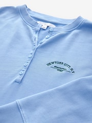 أزرق فاتح - Washed Henley Button Collar Long Sleeve Graphic 100% Cotton Sweatshirt - صورة 8 من 9