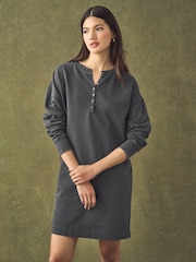 Black Washed Henley Button Neck Long Sleeve 100% Cotton Jersey Dress - Image 2 of 7