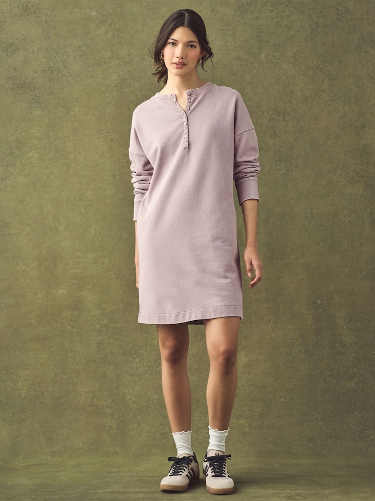 Mauve Purple Washed Henley Button Neck Long Sleeve 100% Cotton Jersey Dress - Image 1 of 5