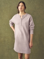 Mauve Purple Washed Henley Button Neck Long Sleeve 100% Cotton Jersey Dress - Image 2 of 5