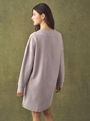 Mauve Purple Washed Henley Button Neck Long Sleeve 100% Cotton Jersey Dress - Image 3 of 5