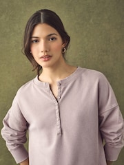 Mauve Purple Washed Henley Button Neck Long Sleeve 100% Cotton Jersey Dress - Image 4 of 5