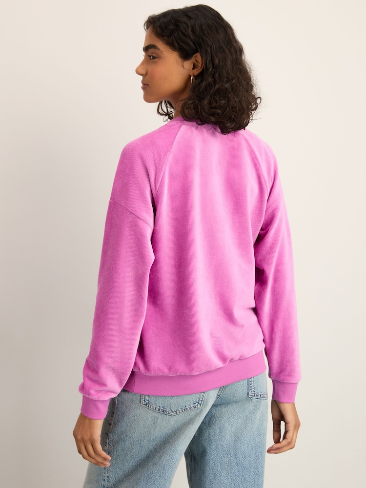 Magenta Pink Micro Corduroy Velvet Soft Touch Relaxed Fit Graphic Crew Neck Sweatshirt - Image 3 of 7
