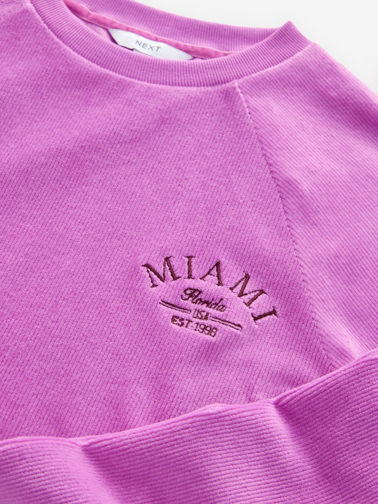 Magenta Pink Micro Corduroy Velvet Soft Touch Relaxed Fit Graphic Crew Neck Sweatshirt - Image 6 of 7