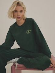 Forest Green Micro Corduroy Velvet Soft Touch Relaxed Fit Graphic Crew Neck Sweatshirt - Image 1 of 6