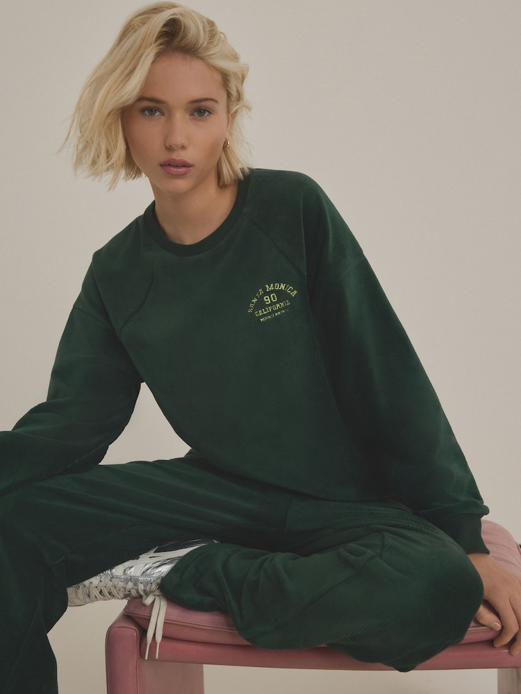 Forest Green Micro Corduroy Velvet Soft Touch Relaxed Fit Graphic Crew Neck Sweatshirt - Image 1 of 6