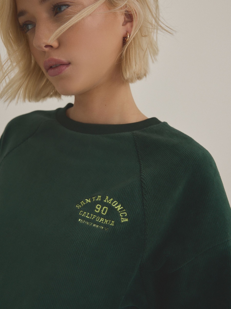 Forest Green Micro Corduroy Velvet Soft Touch Relaxed Fit Graphic Crew Neck Sweatshirt - Image 2 of 6