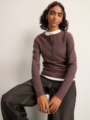 Slate Grey Mink Brown Cosy Soft Touch Rib Button Neck Henley Jumper Top - Image 2 of 8