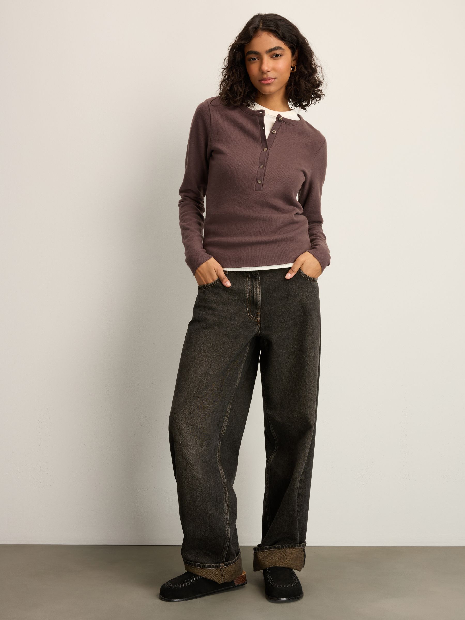 Buy Slate Grey Mink Brown Cosy Soft Touch Rib Button Neck Henley