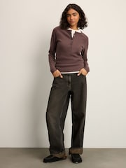 Slate Grey Mink Brown Cosy Soft Touch Rib Button Neck Henley Jumper Top - Image 3 of 8