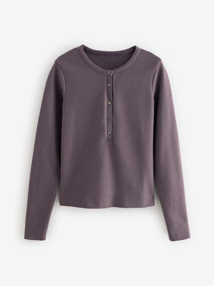 Slate Grey Mink Brown Cosy Soft Touch Rib Button Neck Henley Jumper Top - Image 6 of 8
