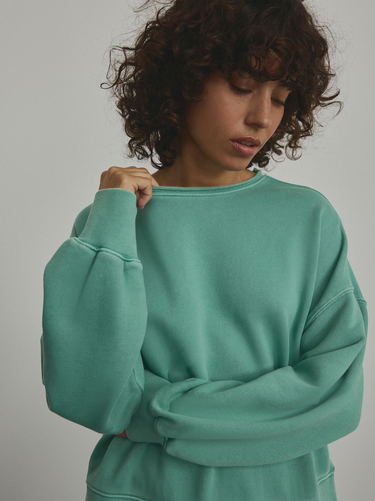 Bleu de sarcelle - Sweat-shirt Col rond à ourlet brut délavé 100% coton - Image 1 of 6