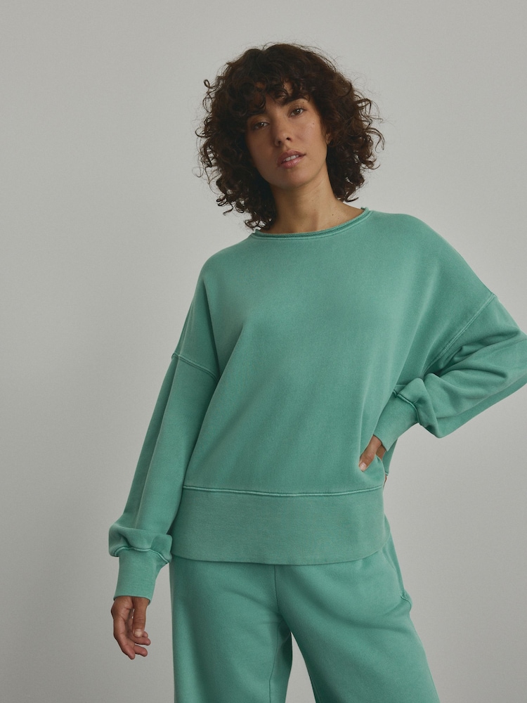 Bleu de sarcelle - Sweat-shirt Col rond à ourlet brut délavé 100% coton - Image 2 of 6