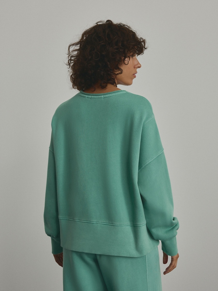 Bleu de sarcelle - Sweat-shirt Col rond à ourlet brut délavé 100% coton - Image 3 of 6