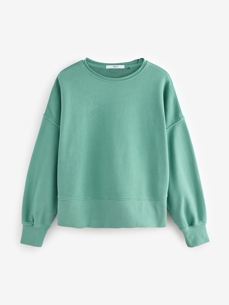 Bleu de sarcelle - Sweat-shirt Col rond à ourlet brut délavé 100% coton - Image 5 of 6