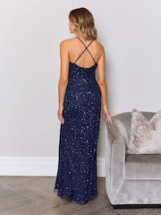 Sistaglam Blue Plunge V-Neck Embellished Maxi Dress With Slit - Image 2 of 4
