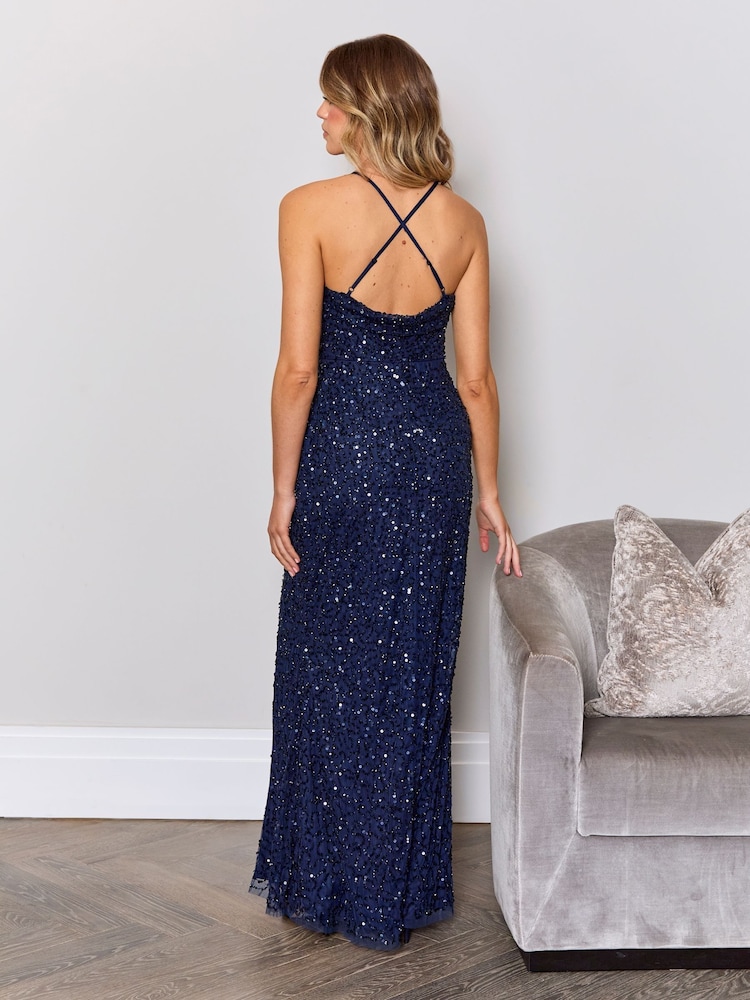 Sistaglam Blue Plunge V-Neck Embellished Maxi Dress With Slit - Image 2 of 4 Sistaglam Blue Plunge V-Neck Embellished Maxi Dress With Slit - Image 2 of 4