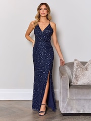 Sistaglam Blue Plunge V-Neck Embellished Maxi Dress With Slit - Image 4 of 4