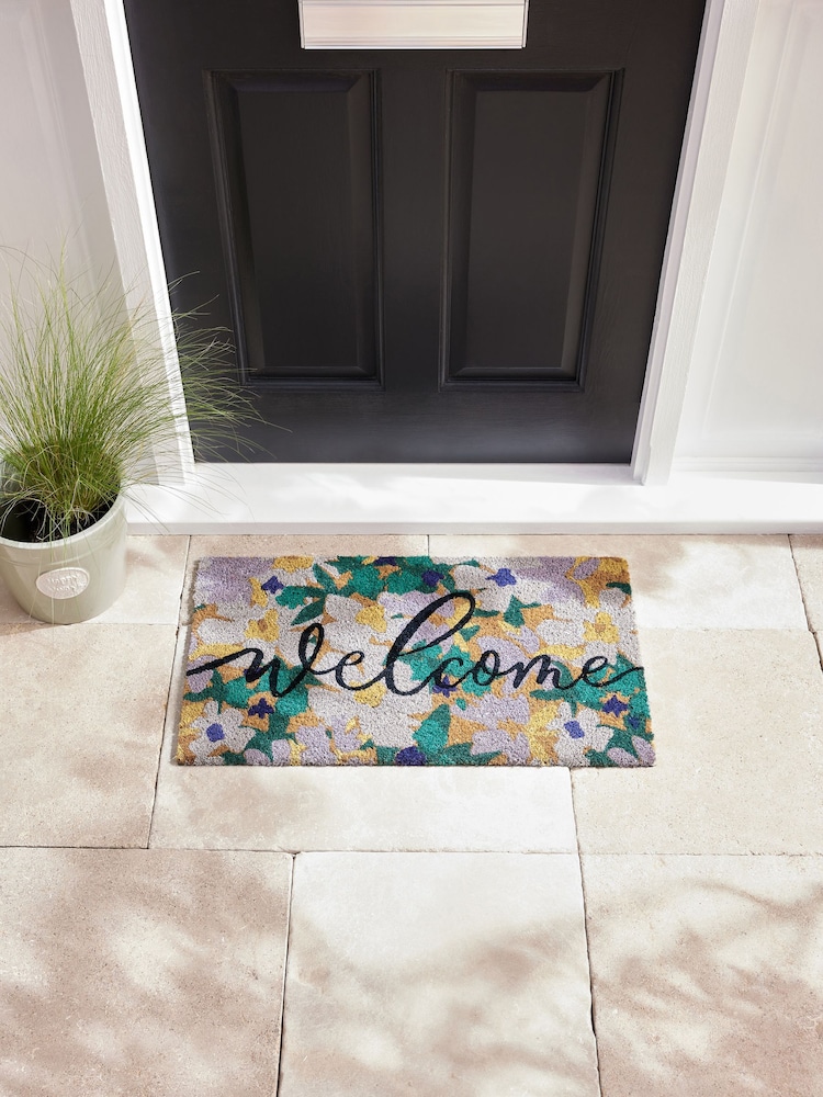 Blue Welcome Floral Doormat - Image 1 of 5