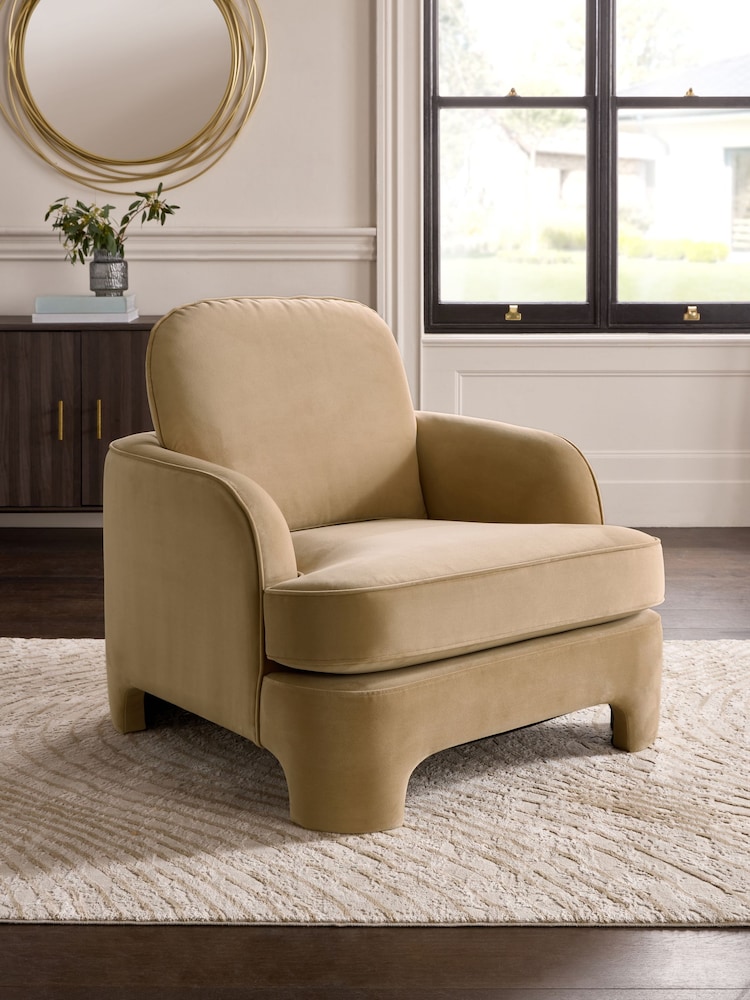 Soft Velvet Camel Brown Ebony Arm Chair - Image 1 of 10