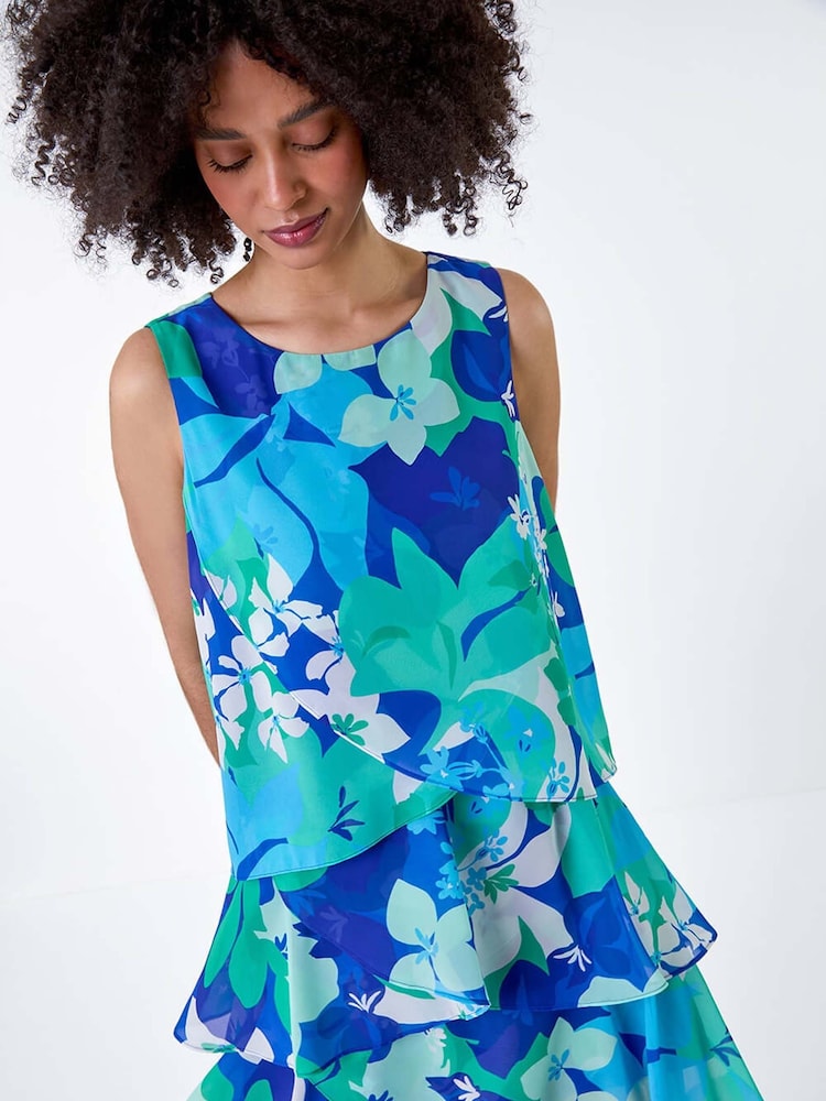 Roman Blue Floral Print Tiered Layer Dress - Image 1 of 5