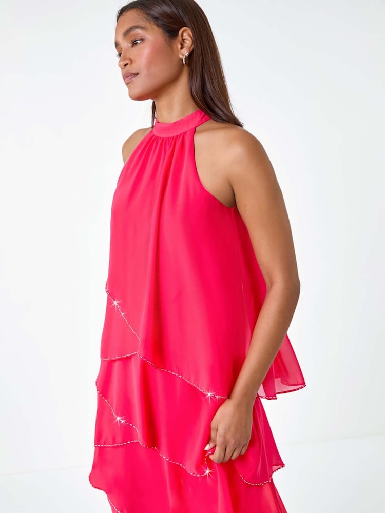 Roman Orange Sequin Trim Tiered Halterneck Dress - Image 1 of 5