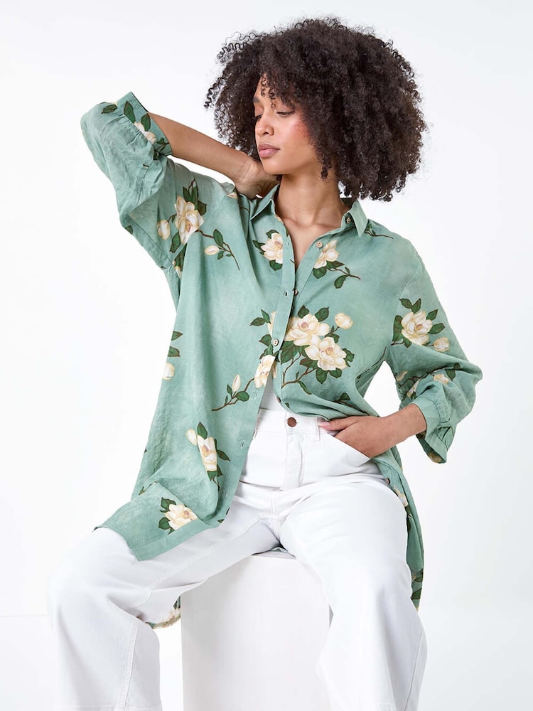 Roman Green Floral Cotton Blend Longline Shirt - Image 1 of 5