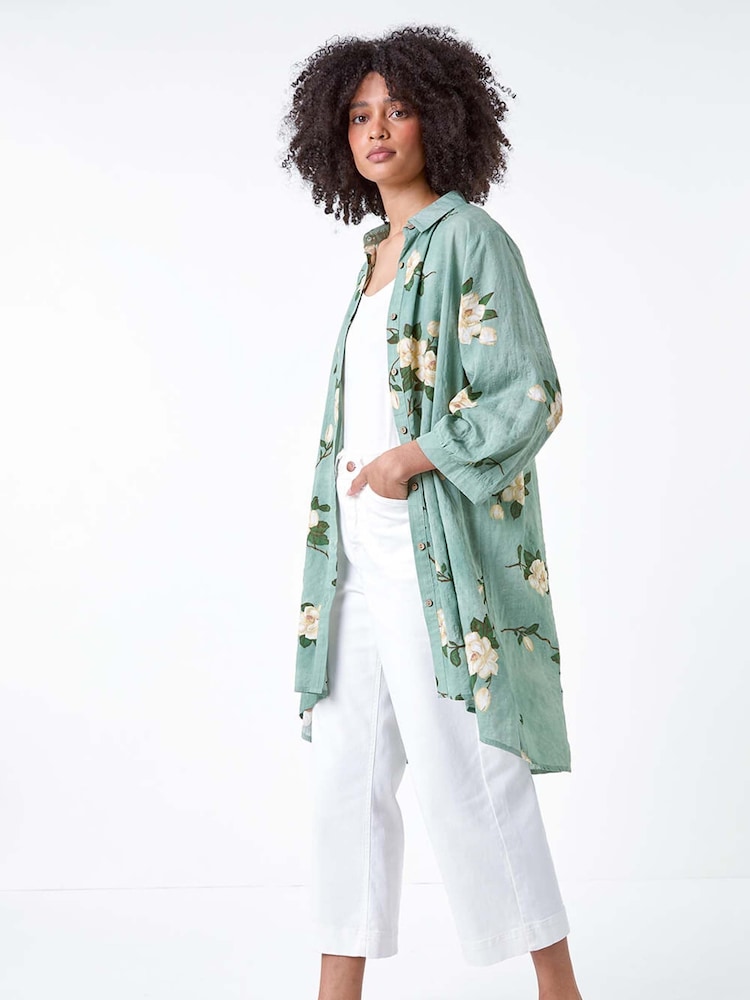 Roman Green Floral Cotton Blend Longline Shirt - Image 2 of 5