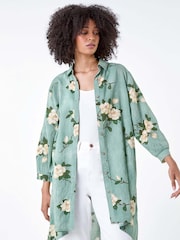 Roman Green Floral Cotton Blend Longline Shirt - Image 4 of 5