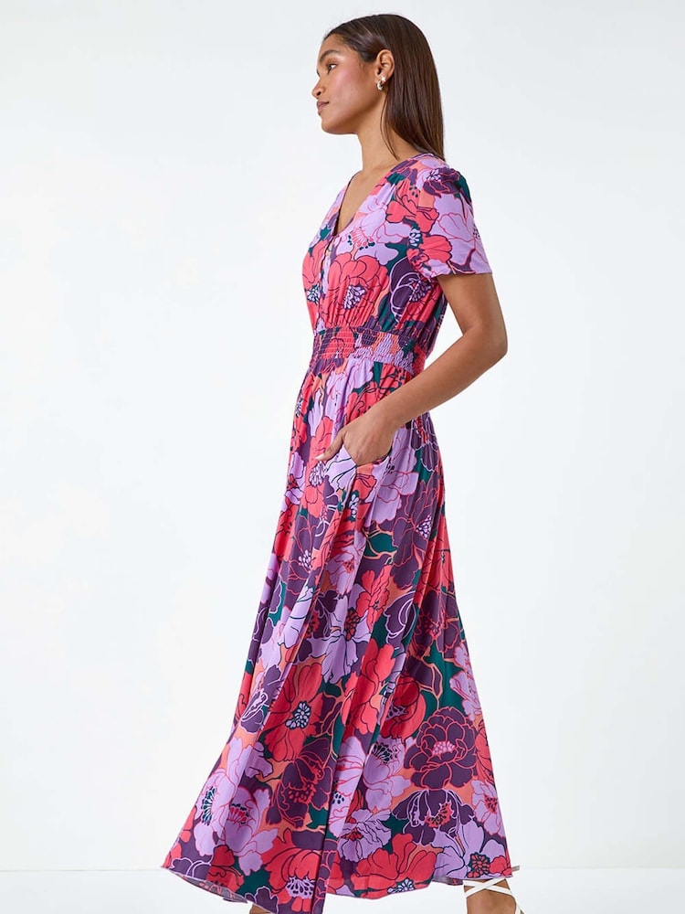 Roman Purple Floral Print Button Detail Maxi Dress - Image 1 of 5