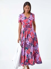 Roman Purple Floral Print Button Detail Maxi Dress - Image 2 of 5