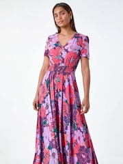 Roman Purple Floral Print Button Detail Maxi Dress - Image 4 of 5