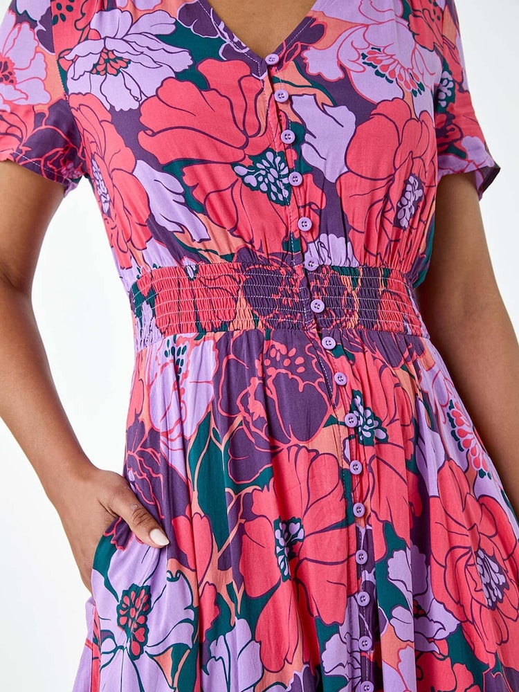 Roman Purple Floral Print Button Detail Maxi Dress - Image 5 of 5