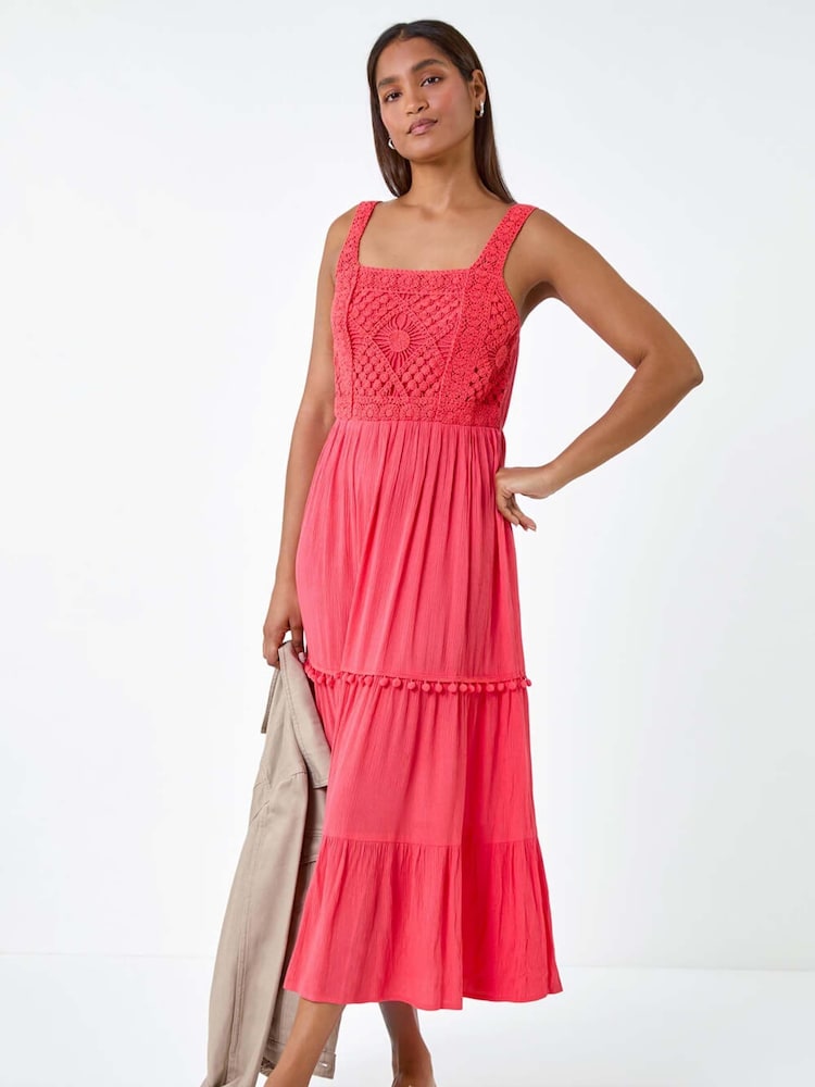 Roman Red Crochet Detail Cotton Blend Maxi Dress - Image 1 of 5