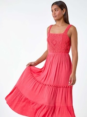 Roman Red Crochet Detail Cotton Blend Maxi Dress - Image 4 of 5