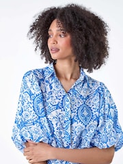Roman Blue Floral Print Puff Sleeve Shirt - Image 1 of 5