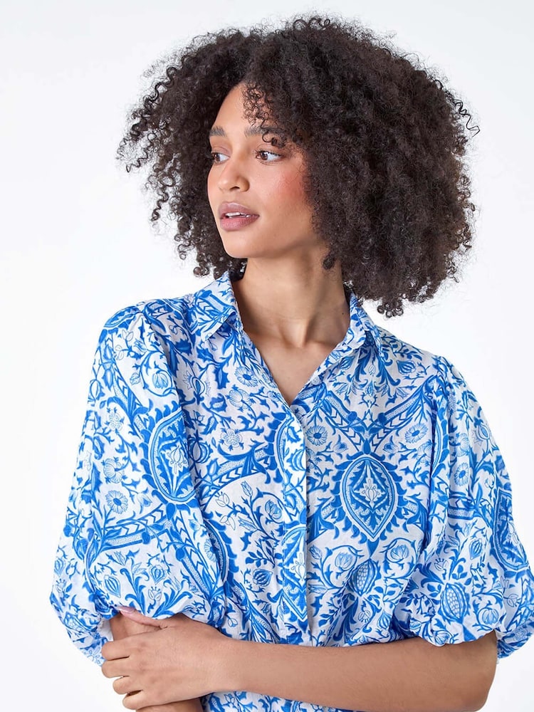 Roman Blue Floral Print Puff Sleeve Shirt - Image 1 of 5