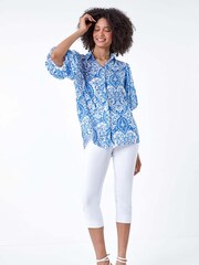 Roman Blue Floral Print Puff Sleeve Shirt - Image 2 of 5