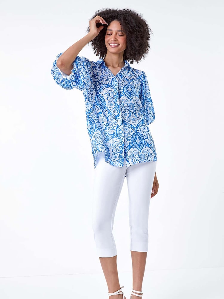Roman Blue Floral Print Puff Sleeve Shirt - Image 2 of 5