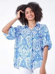 Roman Blue Floral Print Puff Sleeve Shirt - Image 5 of 5