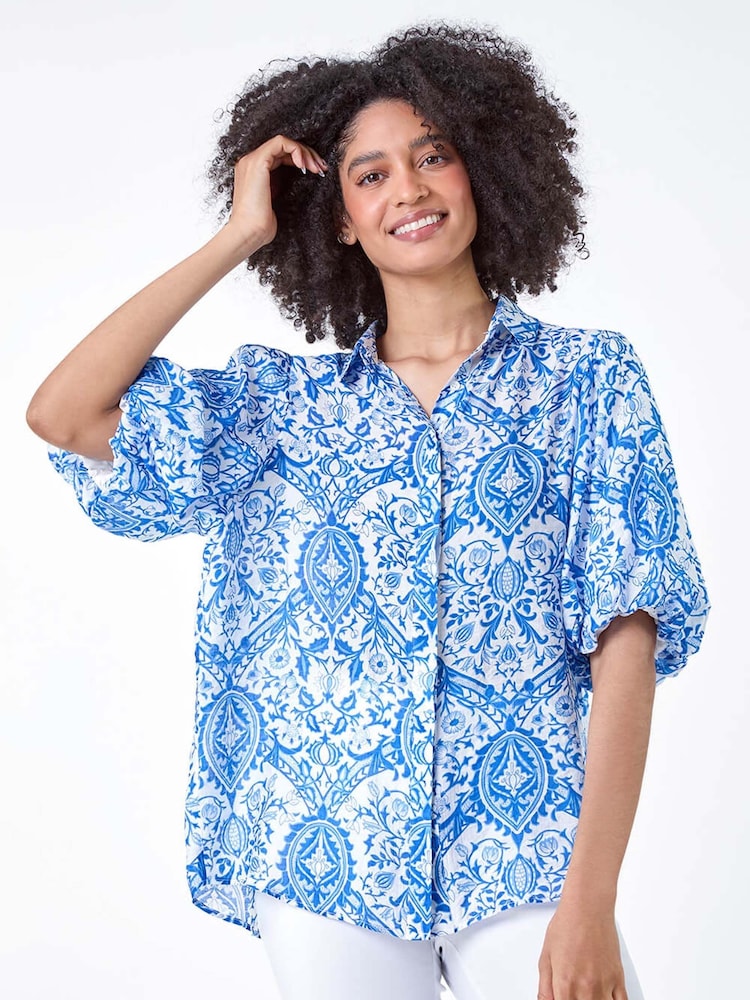 Roman Blue Floral Print Puff Sleeve Shirt - Image 5 of 5