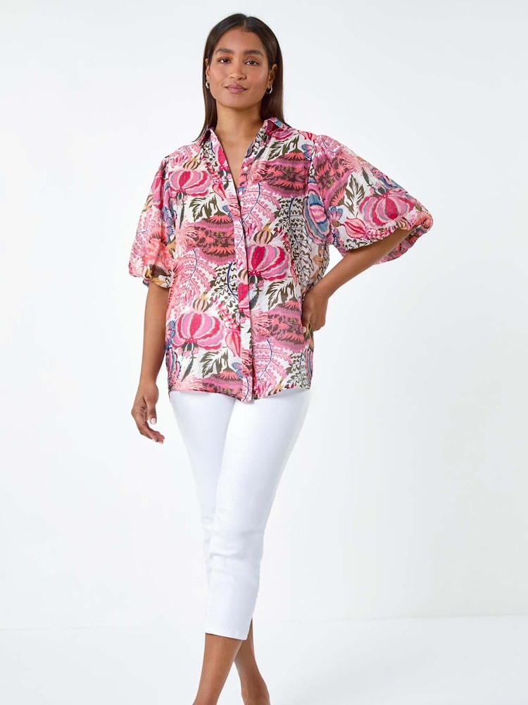 Roman Pink Floral Leaf Print Puff Sleeve Shirt - Image 1 of 5
