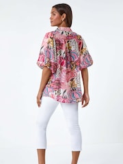 Roman Pink Floral Leaf Print Puff Sleeve Shirt - Image 2 of 5