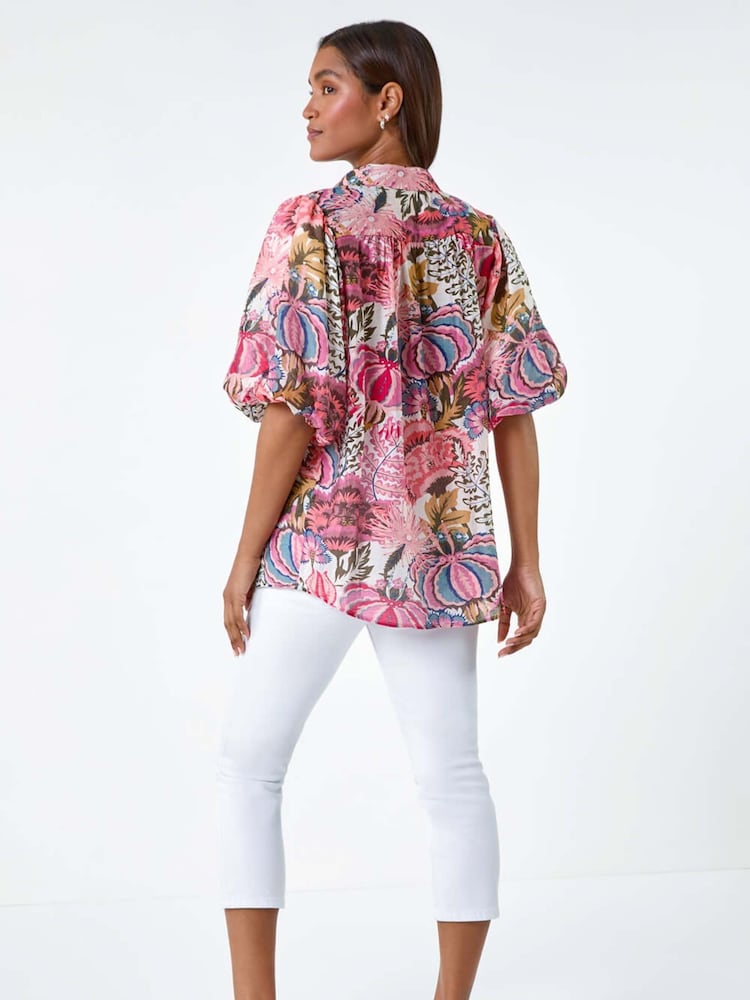 Roman Pink Floral Leaf Print Puff Sleeve Shirt - Image 2 of 5