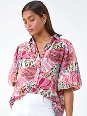 Roman Pink Floral Leaf Print Puff Sleeve Shirt - Image 3 of 5