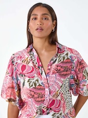 Roman Pink Floral Leaf Print Puff Sleeve Shirt - Image 4 of 5