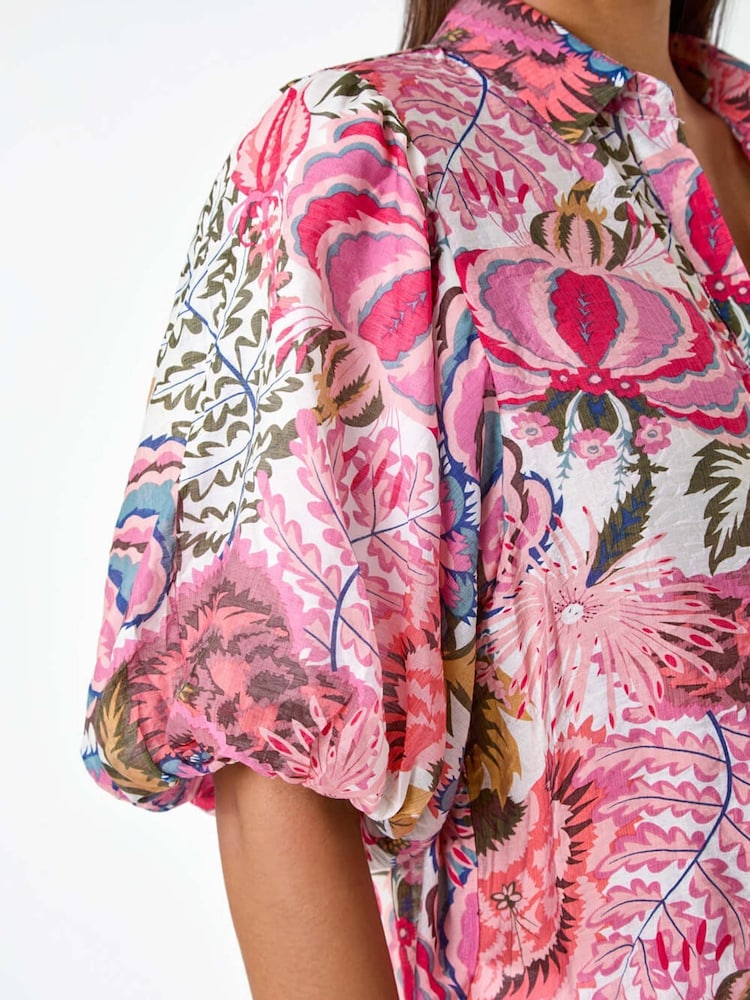 Roman Pink Floral Leaf Print Puff Sleeve Shirt - Image 5 of 5