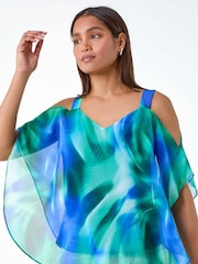 Roman Blue Abstract Print Cold Shoulder Overlay Top - Image 1 of 5